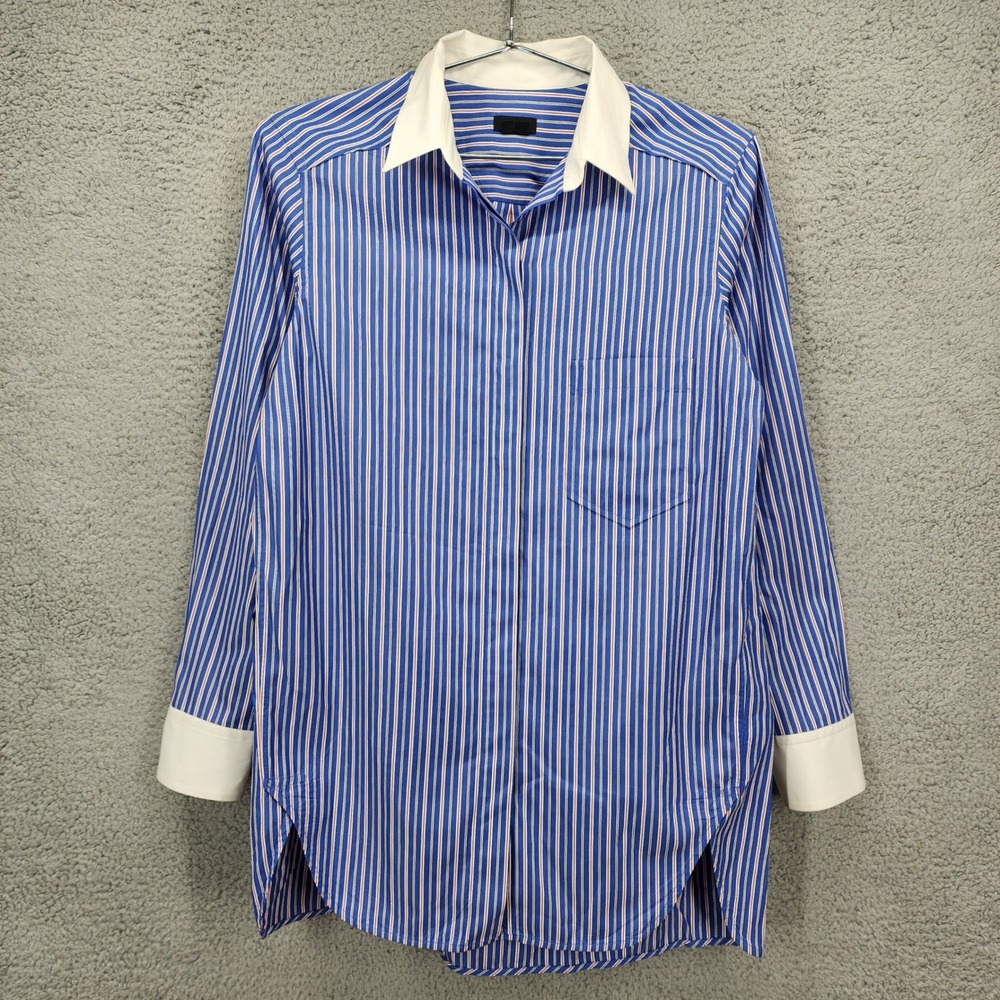 Theory Fedele C Striped Contrast Collar Button Down Shirt Blue Red White Small